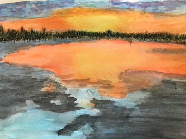 watercolor painting of the sunset at the Island.