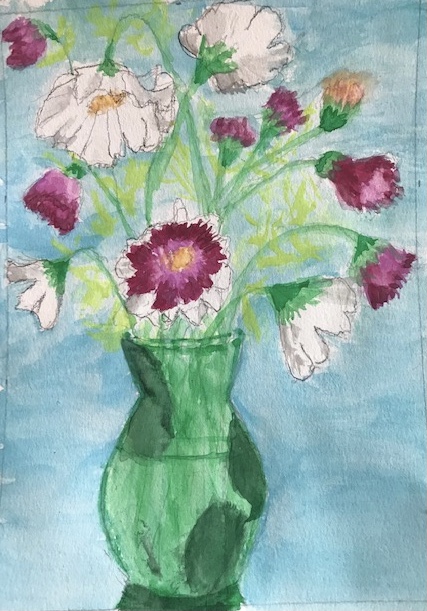 Watercolor painting of flowers in a vase