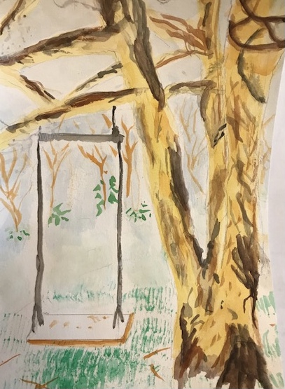 watercolor painting of a tree swing