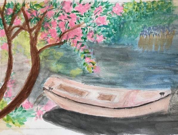 watercolor painting of a row boat beneath a tree with pink flowers