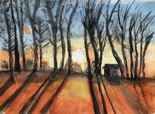 Watercolor painting of sunset behind trees