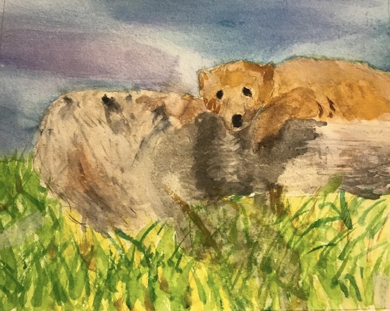 watercolor painting of a bear resting on log.