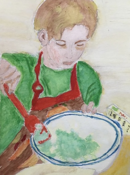 watercolor portrait of a boy mixing ingredients in a baking bowl