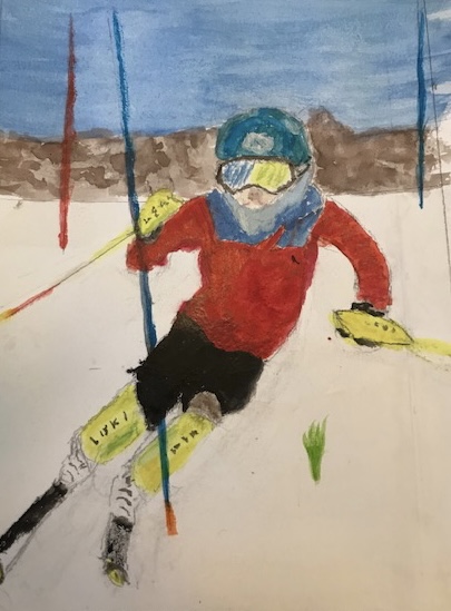 watercolor painting of a boy ski racing in a slalom course