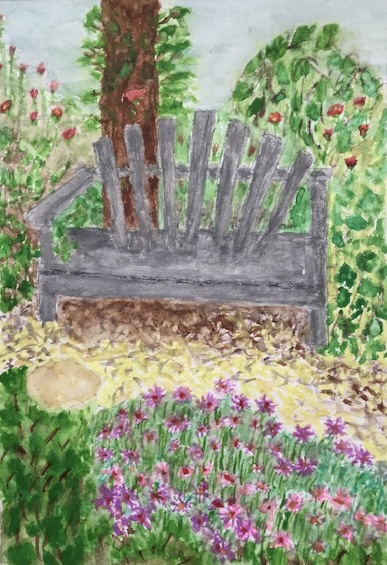 watercolor painting of a bench with flowers around it.