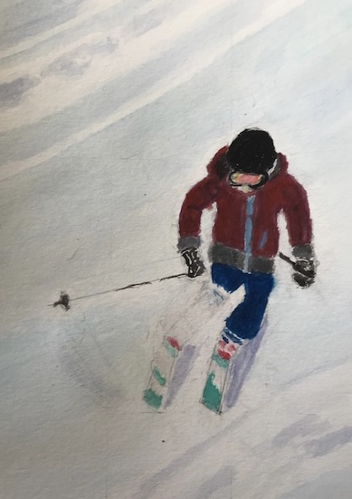 watercolor painting of a man skiing in powder