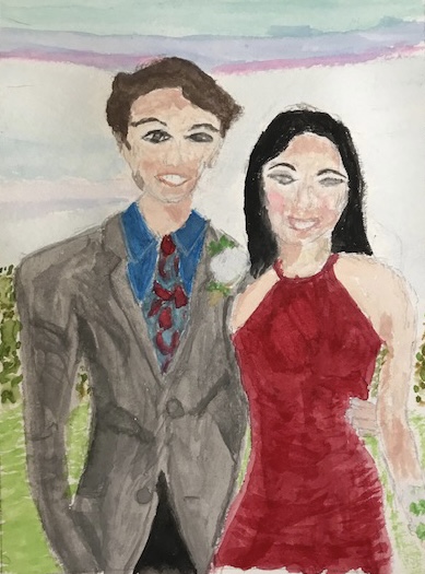 watercolor portrait painting of two young people before a school dance