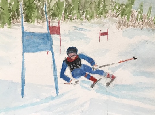 watercolor painting of a male ski racer on a GS course