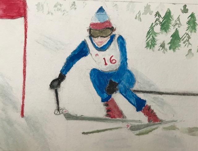 watercolor painting of a female ski racer