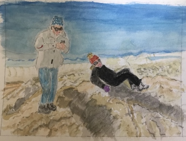 watercolor painting of a woman lying on rocks and a man standing nearby on his cell phone