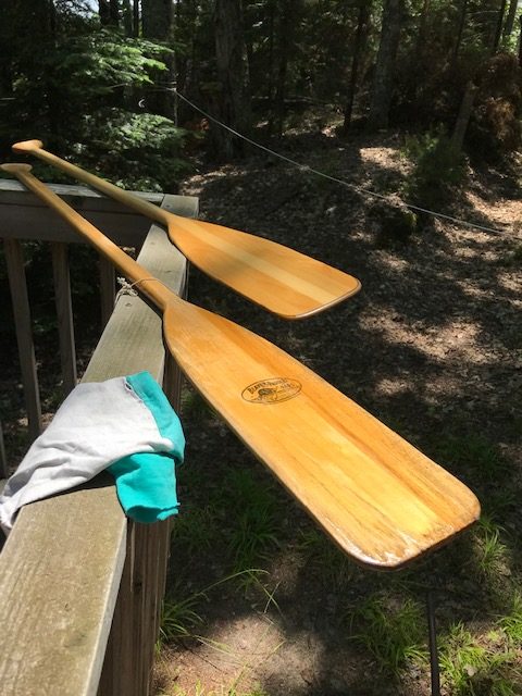 Photo of two canoe paddles on a porch railing that were recently varnished.