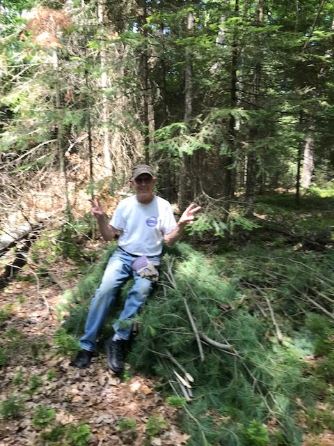 Photo of man sitting on a pile of evergreen branches that were just cleared from downed trees.