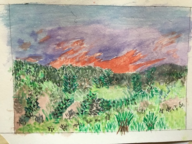 Watercolor of sunset behind a hill.