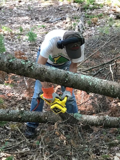 photo of man using a chain saw to cut through tree branch that's on the ground.