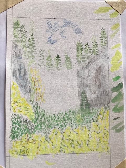 photo of the start of a watercolor painting of a waterfall