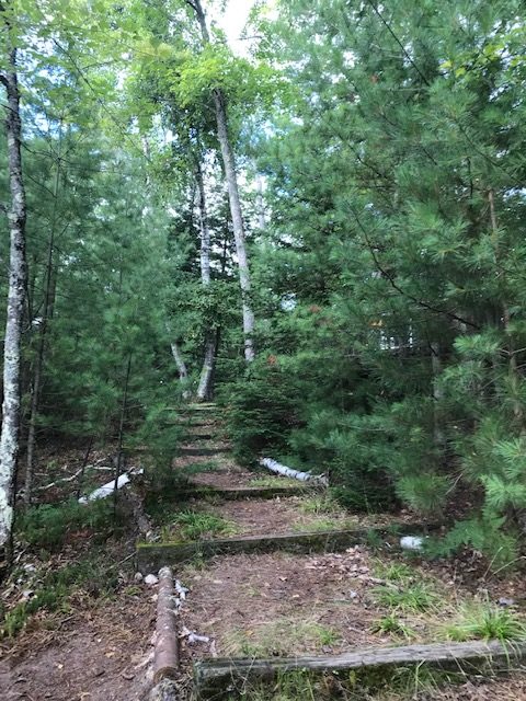 photo of natural stairs made with railway ties that head to the a-frame.