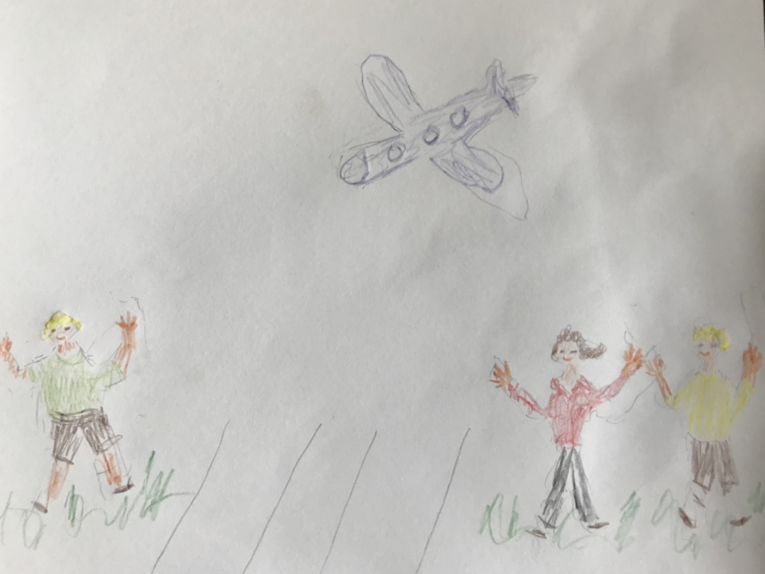 crude drawing of three people waving at plane