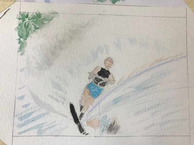 photo of watercolor painting of a waterskier