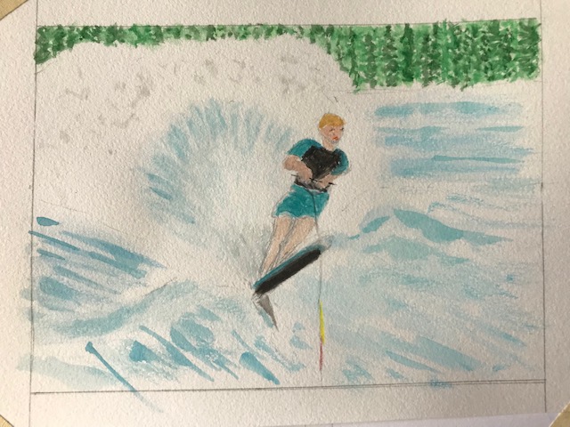 photo of watercolor painting of a boy waterskiing.